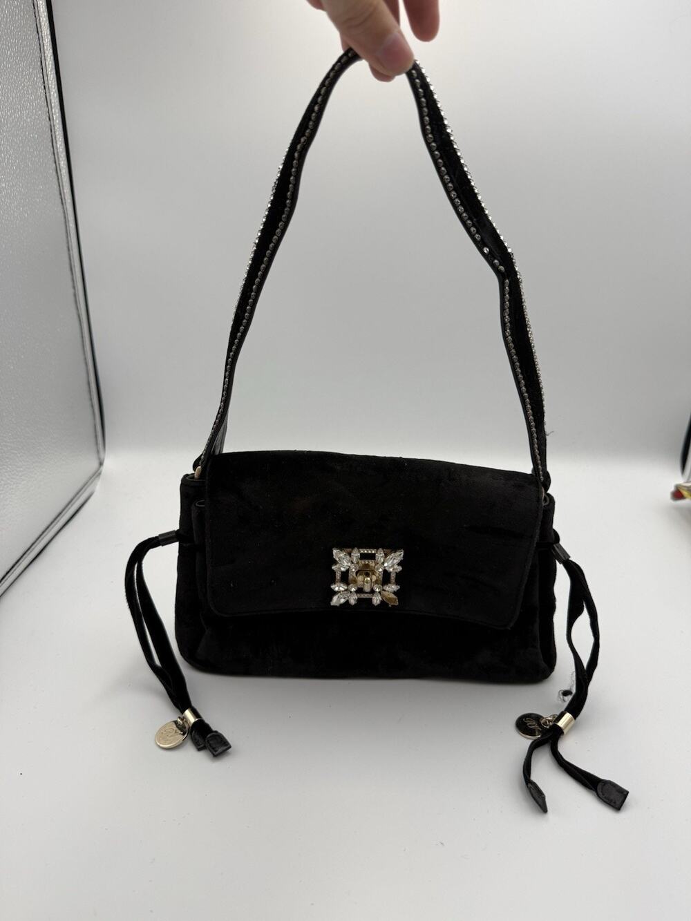 Authentic Roger Vivier Black Velvet Crystal Buckle Evening Bag - Flawed / Read